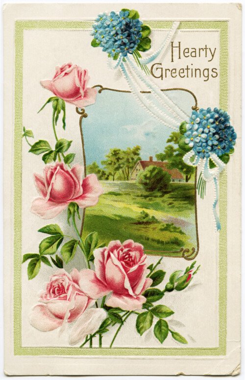 Free vintage clip art pink roses blue flowers hearty greetings postcard