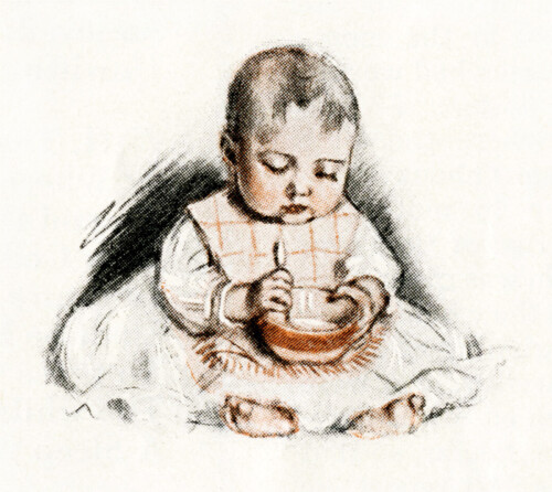 vintage baby illustration, victorian baby, baby eating from bowl, free vintage image, Maud Tousey Fangel, antique magazine baby image, baby eating by self image, free printable, vintage digital graphics for design, public domain baby image