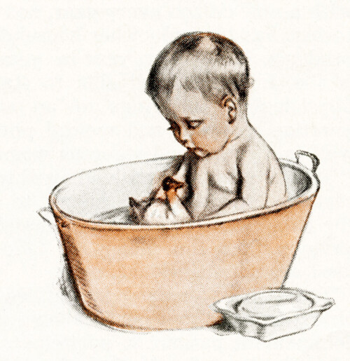 vintage baby illustration, victorian baby, baby bathing in tub, cute baby antique, baby bath with rubber duck, free vintage image, Maud Tousey Fangel, antique magazine baby image, free printable, vintage digital graphics for design, public domain baby image