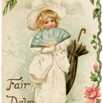 free printable, victorian greeting card, victorian girl, victorian child holding fan and parasol, fair days victorian christmas, floral victorian clipart, free digital public domain image, old design shop, vintage christmas card, antique card, free download, pink flowers card