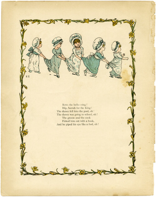 kate greenaway, under the window, circa 1880, vintage children playing, old book illustration, girls in blue playing games, ring the bells poem, free digital clipart, free vintage graphic design resource, free printable, public domain illustration, old book page, old design shop, free vintage childrens poem