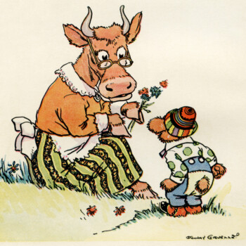 johnny gruelle illustration, vintage storybook image, cartoon bear and cow, little bear illustration, free vintage image, free vintage clipart, vintage storybook bear, vintage storybook image, antique clipart, digital image for graphic design, copyright free image, childrens story picture, 1920 storybook image, the little brown bear, public domain image