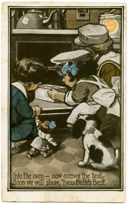 bulte's best flour, 1910 postcard, free vintage postcard, digital download graphics, free printable, antique postcard, kids in the kitchen, boy girl dog baking, children baking, free printable, free victorian clipart, royalty free illustration, public domain graphics, old design shop