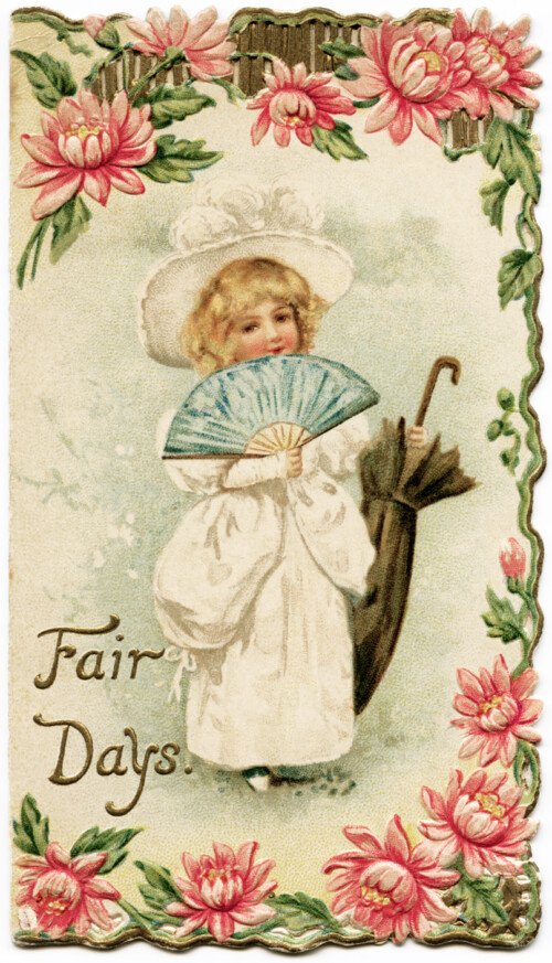 free printable, victorian greeting card, victorian girl, victorian child holding fan and parasol, fair days victorian christmas, floral victorian clipart, free digital public domain image, old design shop, vintage christmas card, antique card, free download, pink flowers card