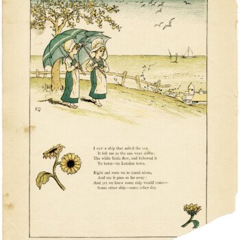 free vintage image, graphic design digital illustration, kate greenaway, under the window, girls walking with umbrellas, circa 1880, victorian girls, vintage childrens poem, old book illustration, old book page, saw a ship poem, old design shop, free vintage clipart