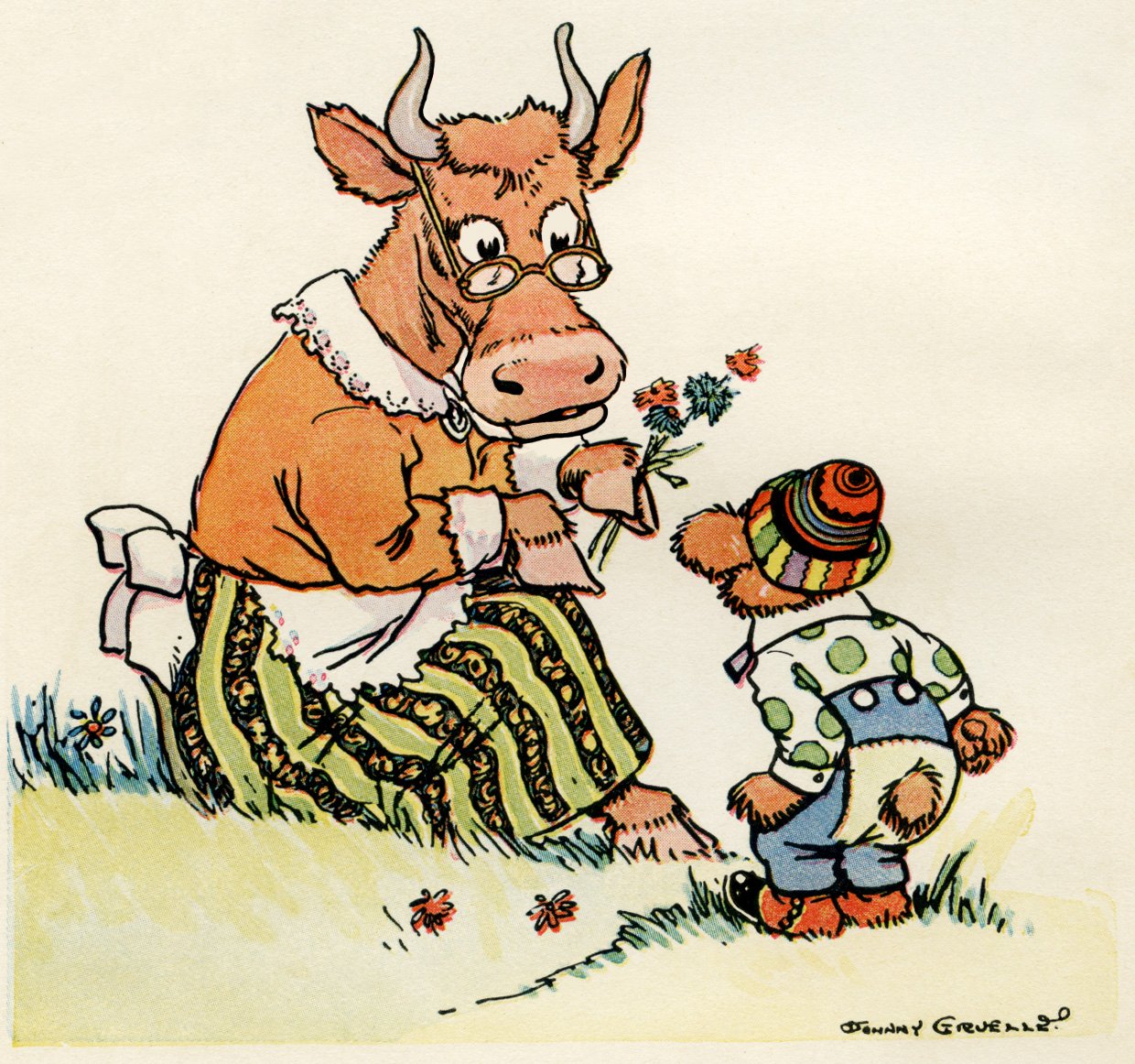 johnny gruelle illustration, vintage storybook image, cartoon bear and cow, little bear illustration, free vintage image, free vintage clipart, vintage storybook bear, vintage storybook image, antique clipart, digital image for graphic design, copyright free image, childrens story picture, 1920 storybook image, the little brown bear, public domain image