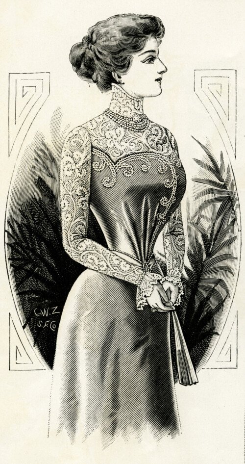 victorian lady, 1899 fashion, stylish victorian woman, free printable, old magazine sketch of lady, pretty vintage girl, public domain digital image, graphic design resource, antique designer illustration