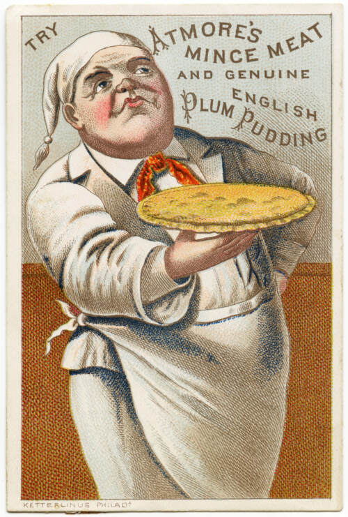 Free vintage clip art Atmore's Mince Meat and Plum Pudding Victorian trade card chef with pie