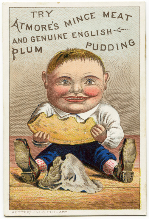 Free vintage clip art Atmore's Mince Meat and Plum Pudding Victorian trade card child with pie