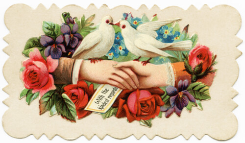 Free vintage clip art Victorian calling card hands shaking doves roses