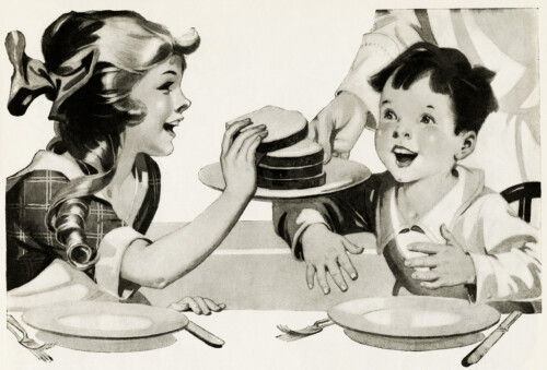Children at table eating free vintage clip art illustration