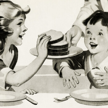 Children at table eating free vintage clip art illustration
