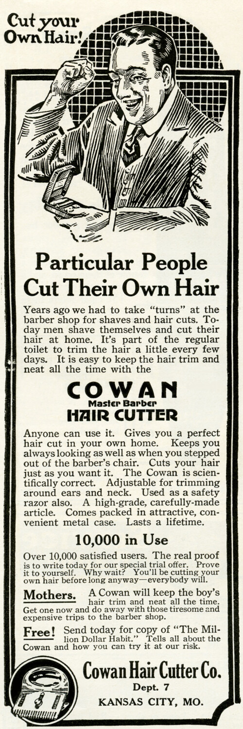 Free vintage clip art Cowan hair cutter happy man magazine advertisment