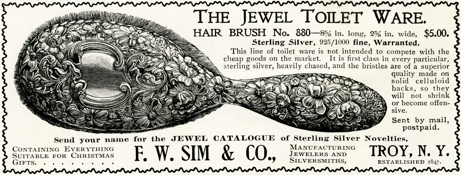 vintage brush ad, antique jewel toilet ware sterling silver brush, 1896 antique advertisement, free vintage clipart, F W Sim & Co advertising