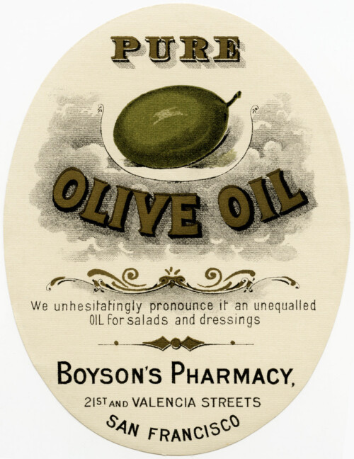 free vintage clipart, boyson's pharmacy label, antique pharmacy label, pure olive oil vintage sticker label