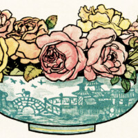 vintage bouquet of flowers in vase, pink yellow flowers, vintage clipart flowers, Kate Greenaway flowers. free vintage image for graphic design, floral image for scrapbooking, pretty antique flowers