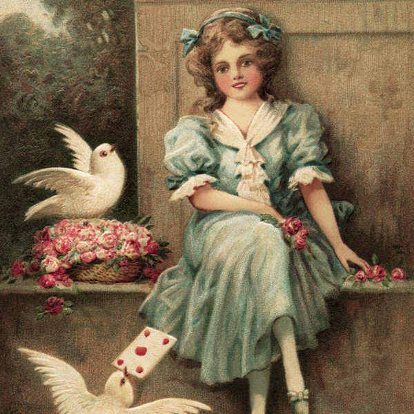 Free vintage clip art birds delivering gifts to birthday girl postcard image