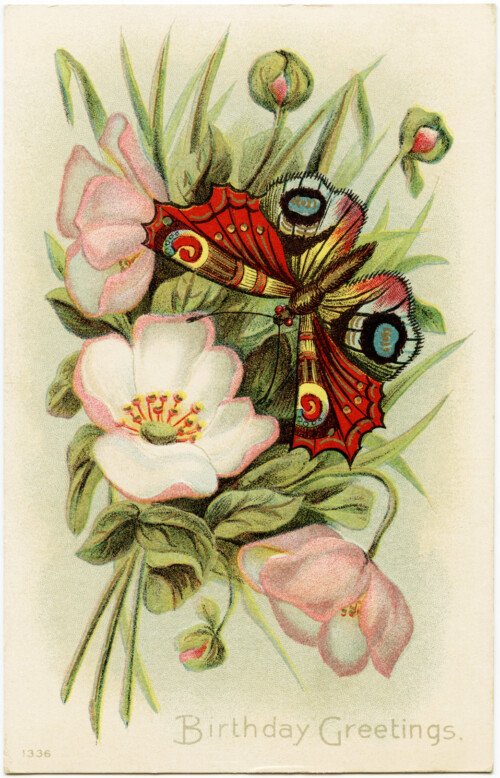Free vintage clip art pink flowers butterfly birthday postcard