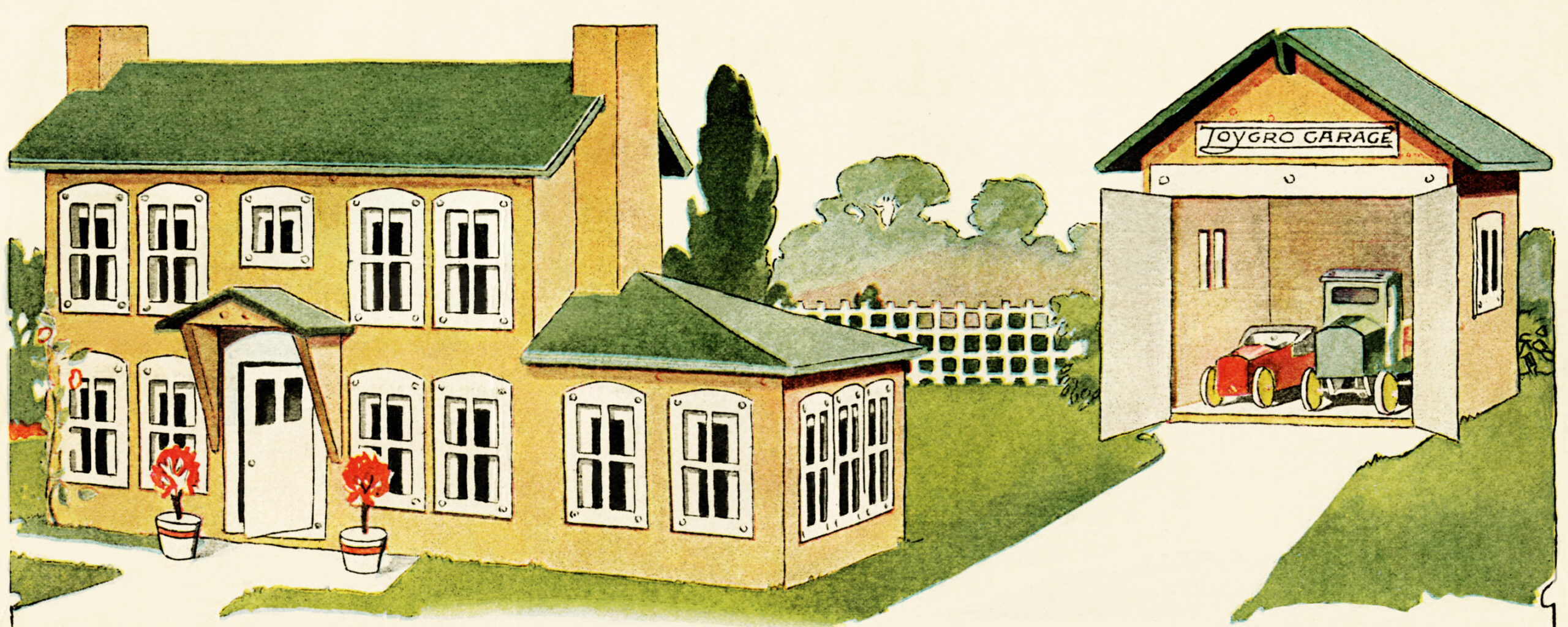 house and garage illustration, free vintage image, old fashioned yellow house, vintage vehicles parked in garage, vintage clipart house