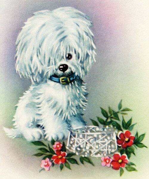 white puppy, free vintage clipart puppy, free digital image dog, white dog red flowers vintage image, public domain greeting card graphics