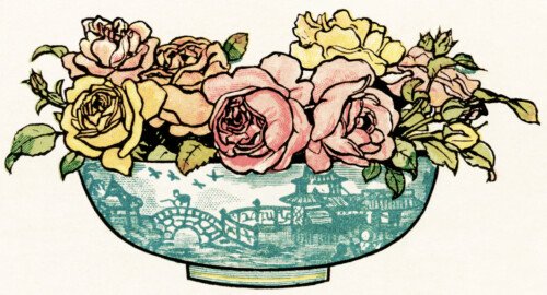vintage bouquet of flowers in vase, pink yellow flowers, vintage clipart flowers, Kate Greenaway flowers. free vintage image for graphic design, floral image for scrapbooking, pretty antique flowers 