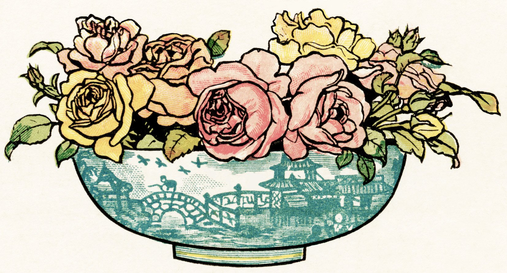vintage bouquet of flowers in vase, pink yellow flowers, vintage clipart flowers, Kate Greenaway flowers. free vintage image for graphic design, floral image for scrapbooking, pretty antique flowers