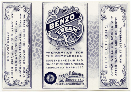 Frank Gramer druggist, benzo cream, free printable label, vintage beauty label graphic, vintage clipart label