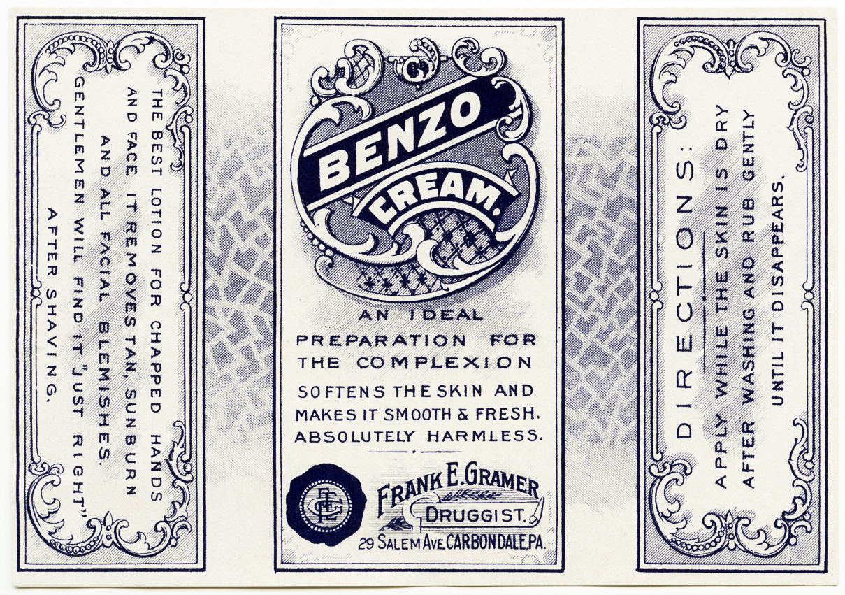 benzo cream, vintage clipart label, beauty label, blue and white label, old fashioned label, free printable label, royalty free antique label