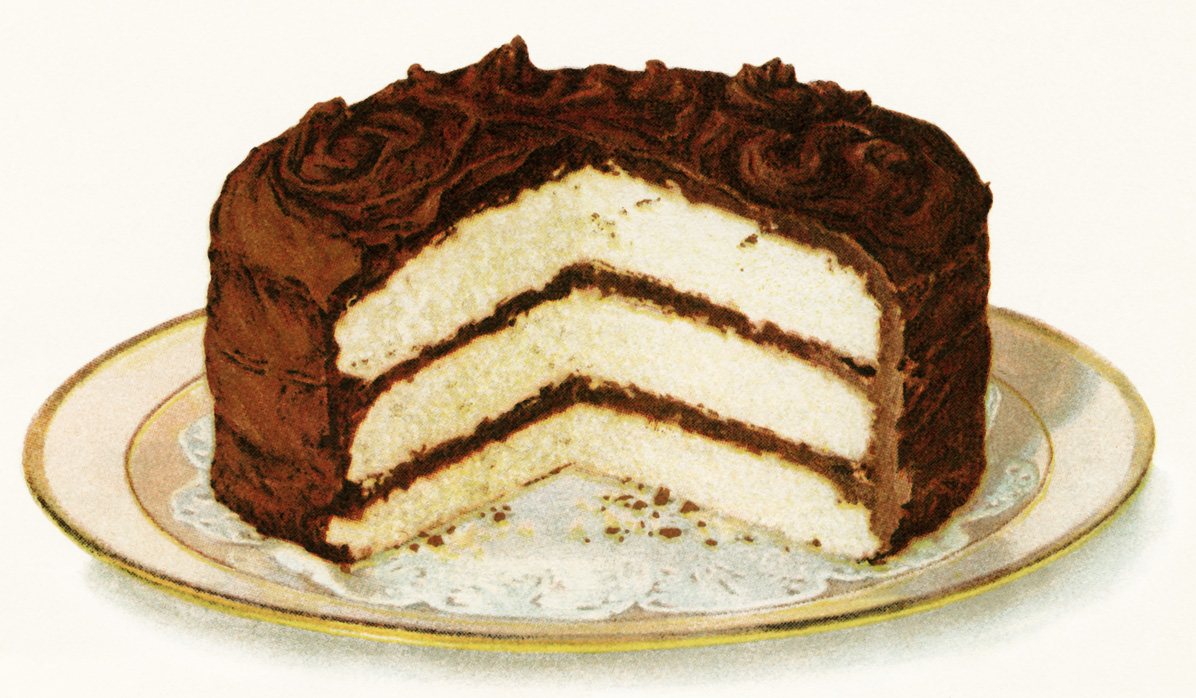 chocolate iced layer cake, free vintage clipart cake, old fashioned layer cake, digital cake illustration, free printable cake image, white cake chocolate frosting, cake on plate, royalty free food image