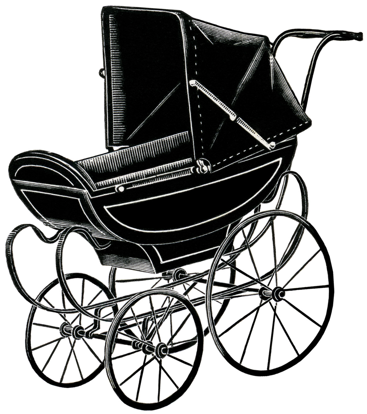 free vintage clipart doll pram, doll carriage, antique baby carriage, vintage doll perambulator, free vintage image, digital image baby buggy, baby carriage illustration