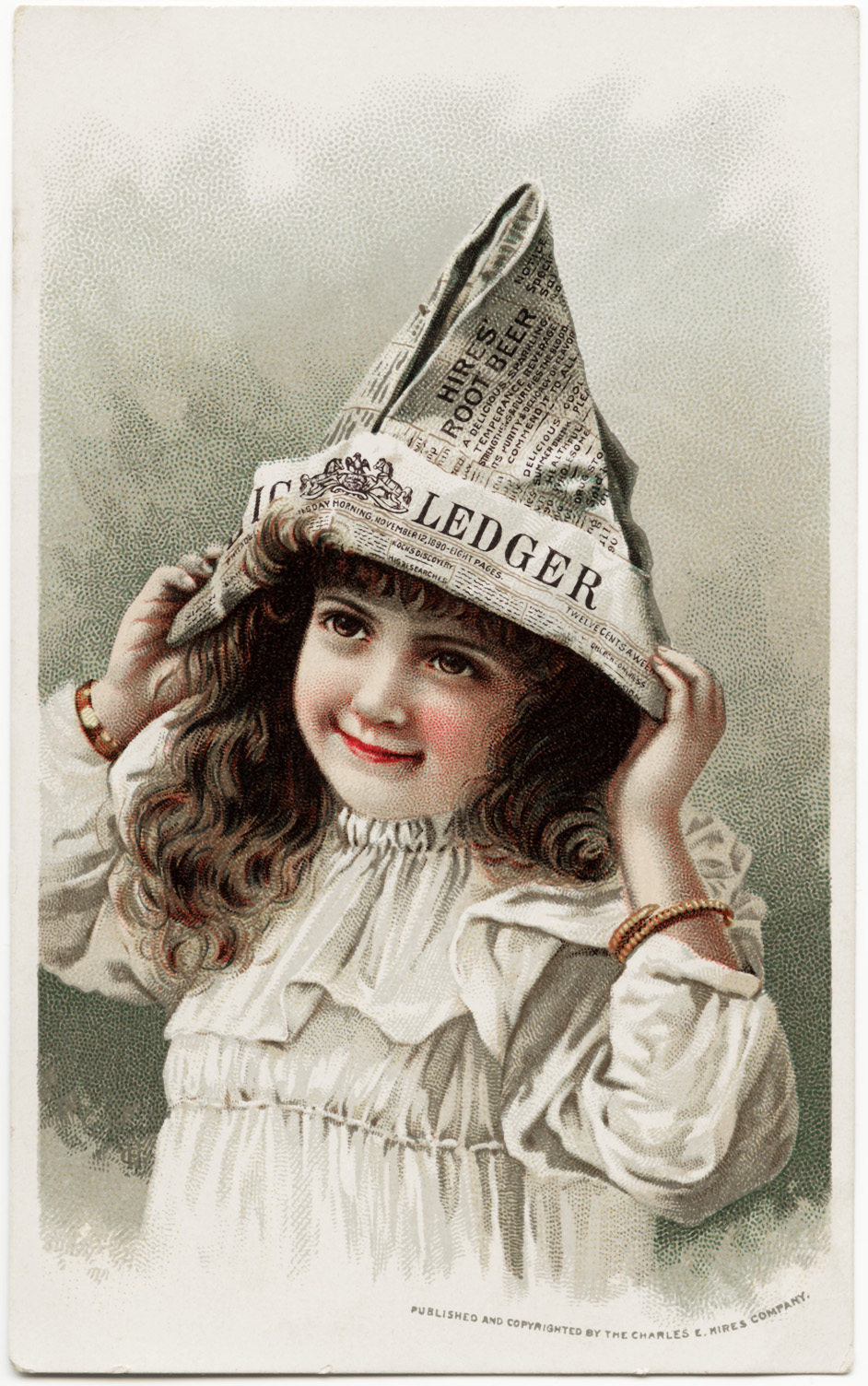 hires beer, vintage trading card, victorian advertising card, newspaper hat, girl with paper hat, free vintage image child, old medicine