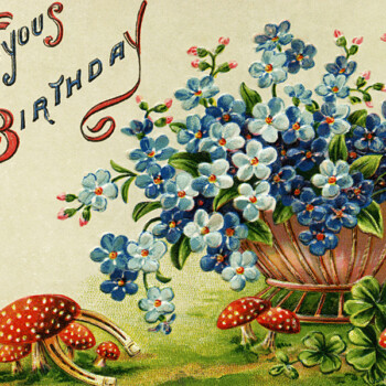 Free vintage clip art birthday postcard blue flowers in basket red toadstools