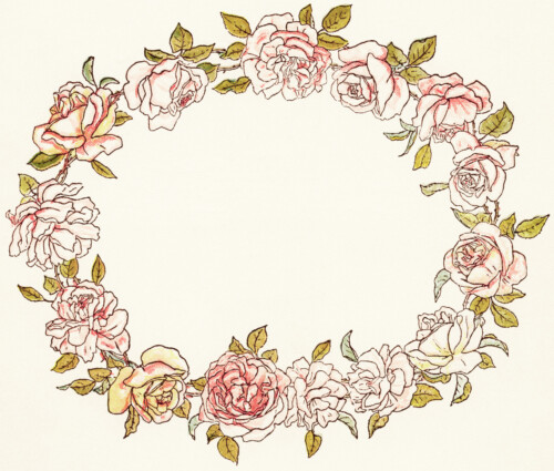free vintage clipart flowers, circle of flowers, kate greenaway floral wreath, a day in a child's life, pink flowers illustration, public domain image flowers, pink floral wreath illustration