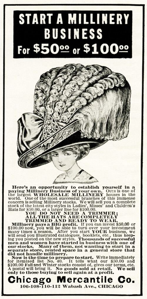 millinery business vintage ad, free vintage image, vintage magazine ad, huge ladies hat, extravagant large victorian hat, free vintage clipart hat, chicago mercantile co vintage advertisement