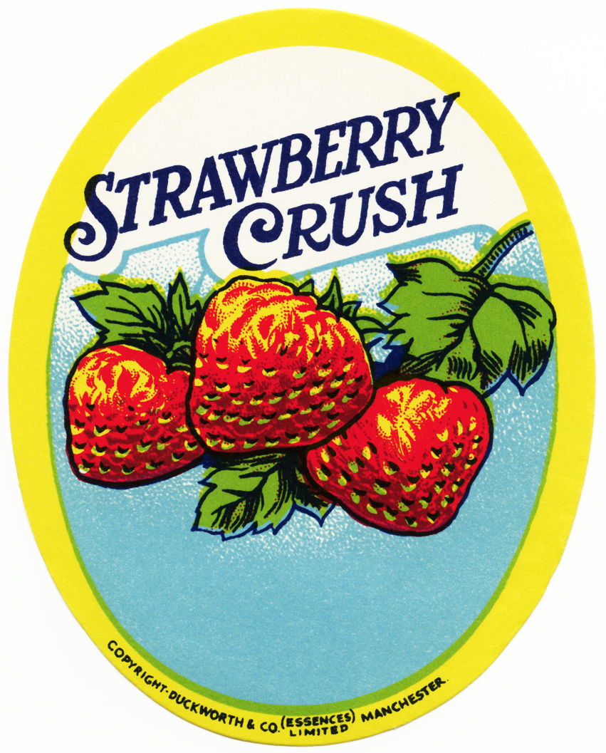 strawberry crush, vintage label, free vintage clipart strawberry, duckworth & co (essences) limited, manchester, strawberries, vintage bottle label, soft drink, old fashioned beverage label,
