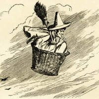 free vintage clipart witch, witch flying in basket, free digital witch illustration, free printable witch image, halloween