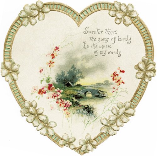 Free vintage clip art heart shaped ephemera flowers and country scene