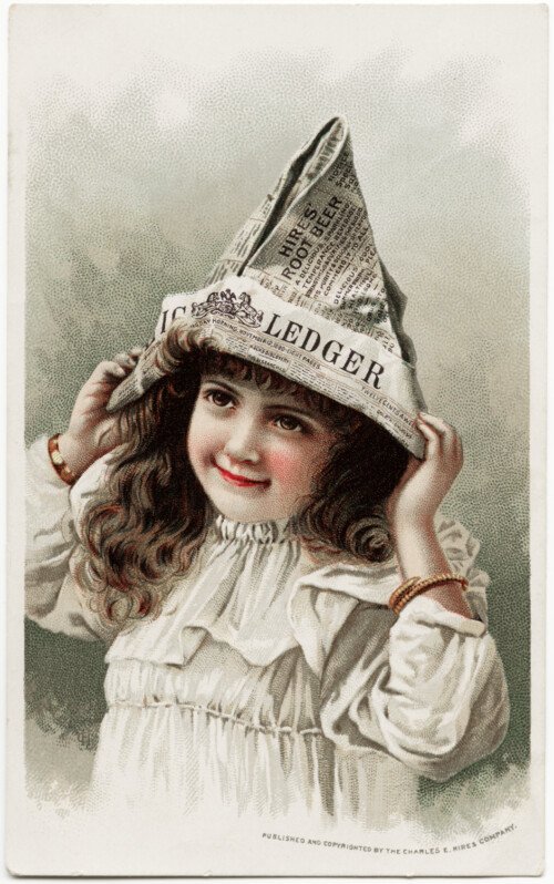 Victorian advertising card, vintage trading card, hires beer graphics, vintage ephemera graphics, newspaper hat illustration, girl paper hat clip art