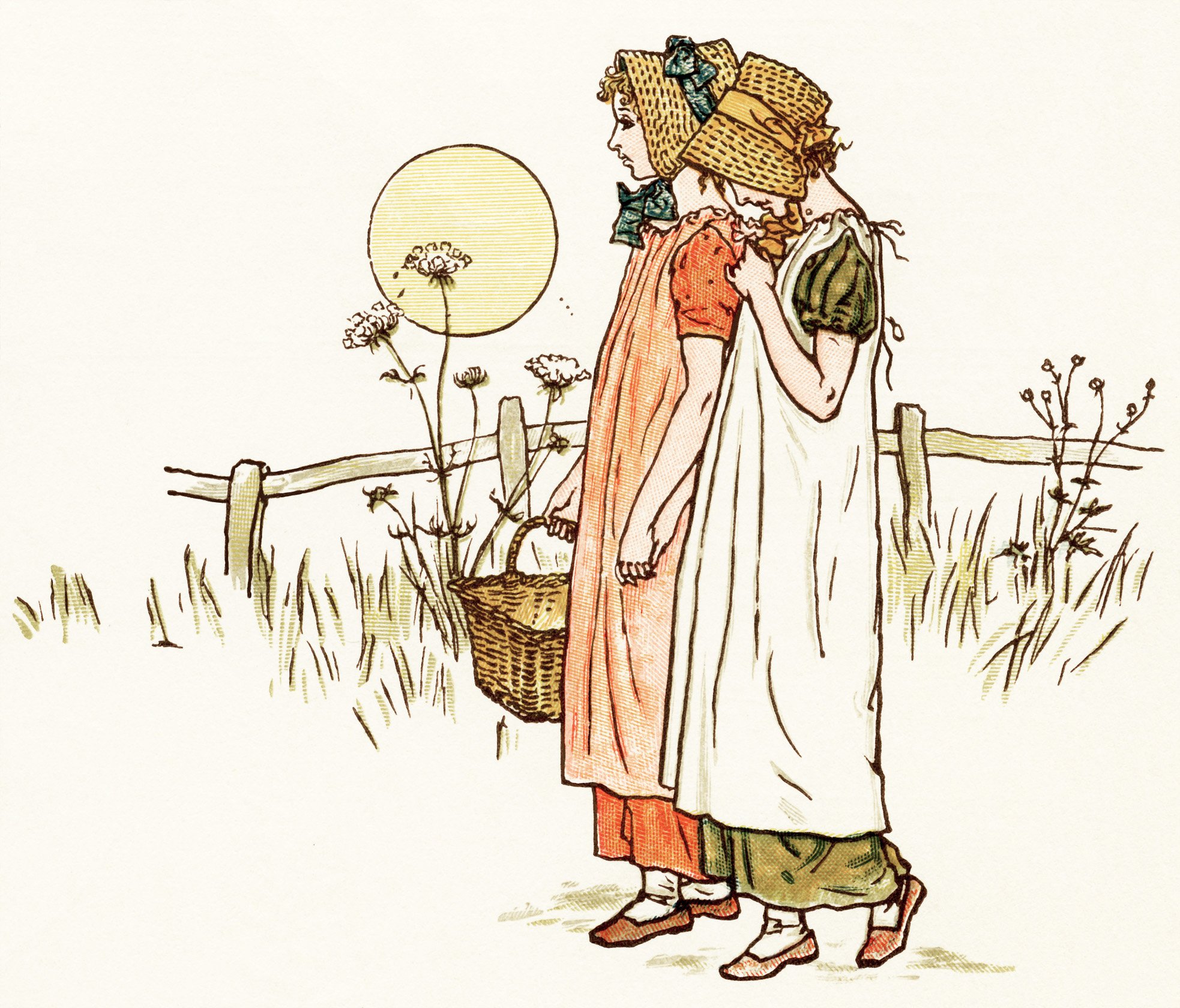 free printable children, free vintage clipart children, free vintage image girls walking, kate greenaway image, storybook children, victorian girls, storybook illustration, a day in a child's life