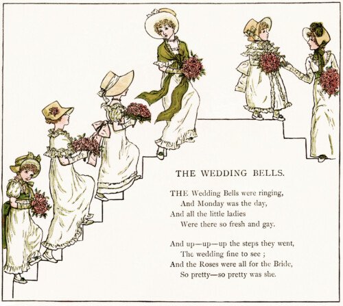 the wedding bells, kate greenaway, marigold garden, free vintage image, free clipart wedding, old fashioned wedding illustration, vintage bridesmaids image