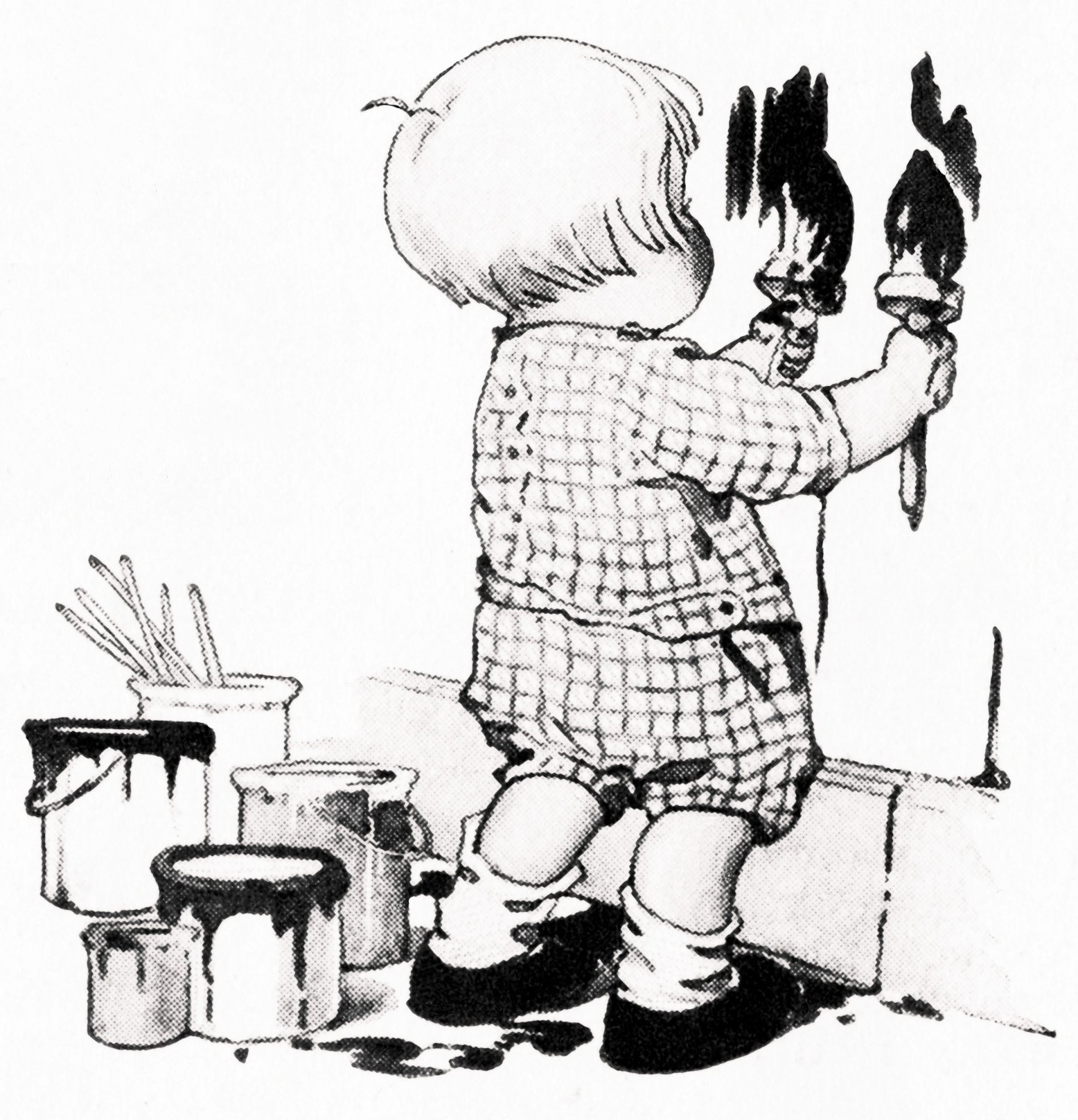 boy painting walls, free vintage clipart, free vintage image, black and white illustration child, child paints wall, clipart boy, clipart paint