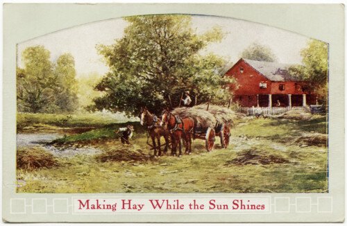 making hay while the sun shines, farm haying scene, farmers horses, free vintage digital postcard, old penny postcard, old fashioned haying, vintage farm image