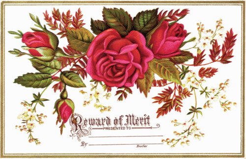 Free vintage floral clip art red rose reward of merit