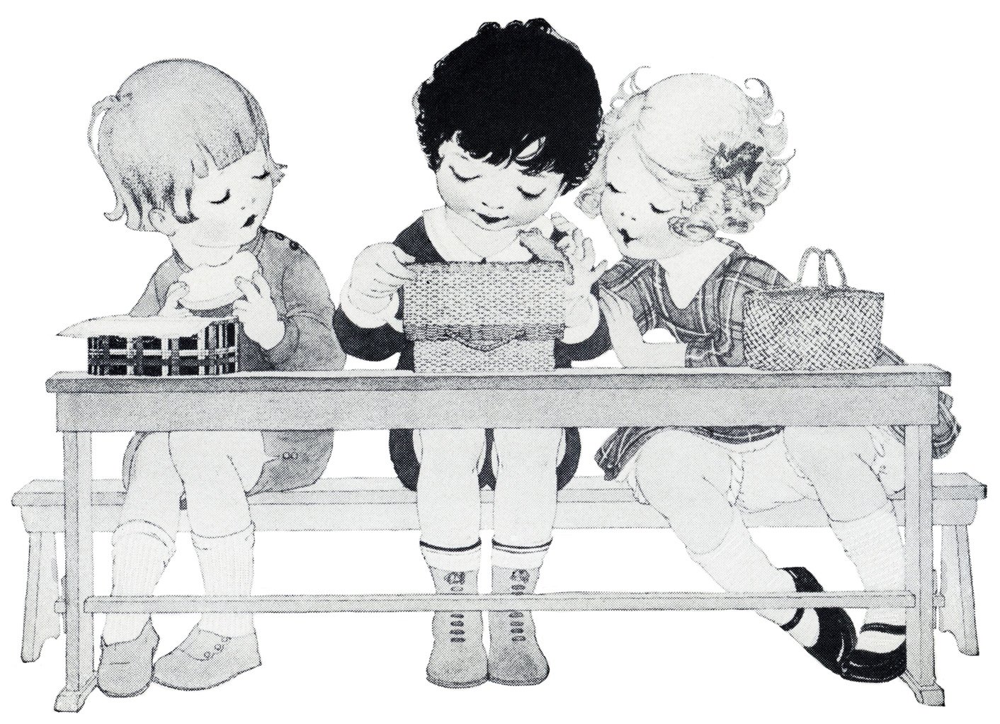 school lunch box, free vintage image, vintage clipart children, children eating lunch, black and white sketch boy girl, free vintage printable kids, royalty free vintage illustration