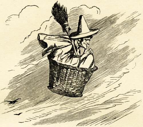 Halloween witch illustration, storybook witch, vintage Halloween clip art, free printable witch, witch flying in basket