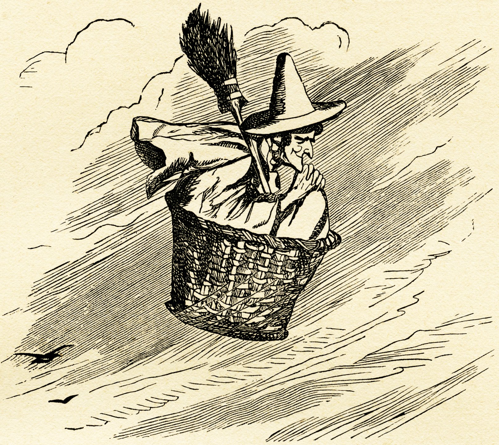 free vintage clipart witch, witch flying in basket, free digital witch illustration, free printable witch image, halloween
