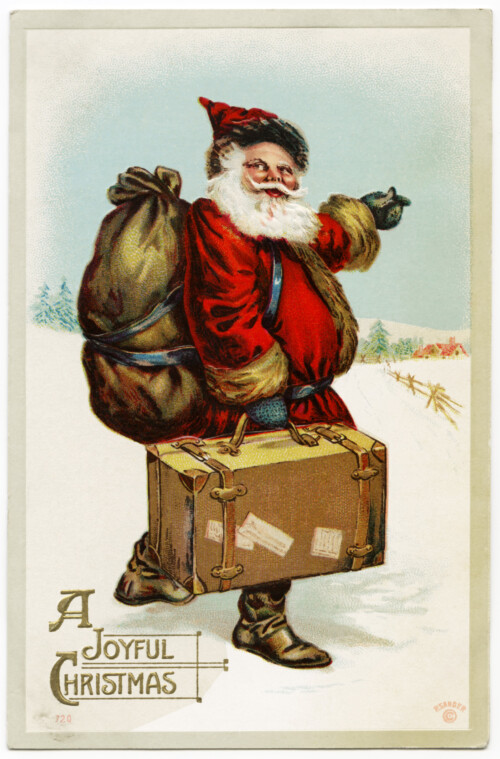 Free vintage clip art santa pointing the way Christmas postcard