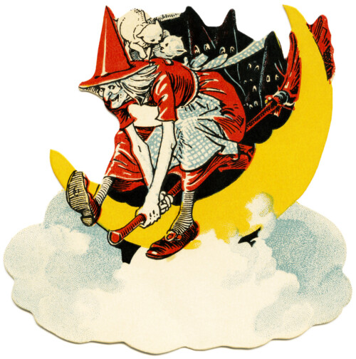 free vintage images, art deco Halloween, vintage clipart free, witch flying on broom, vintage Halloween, witch illustration, antique witch picture, moon, bats