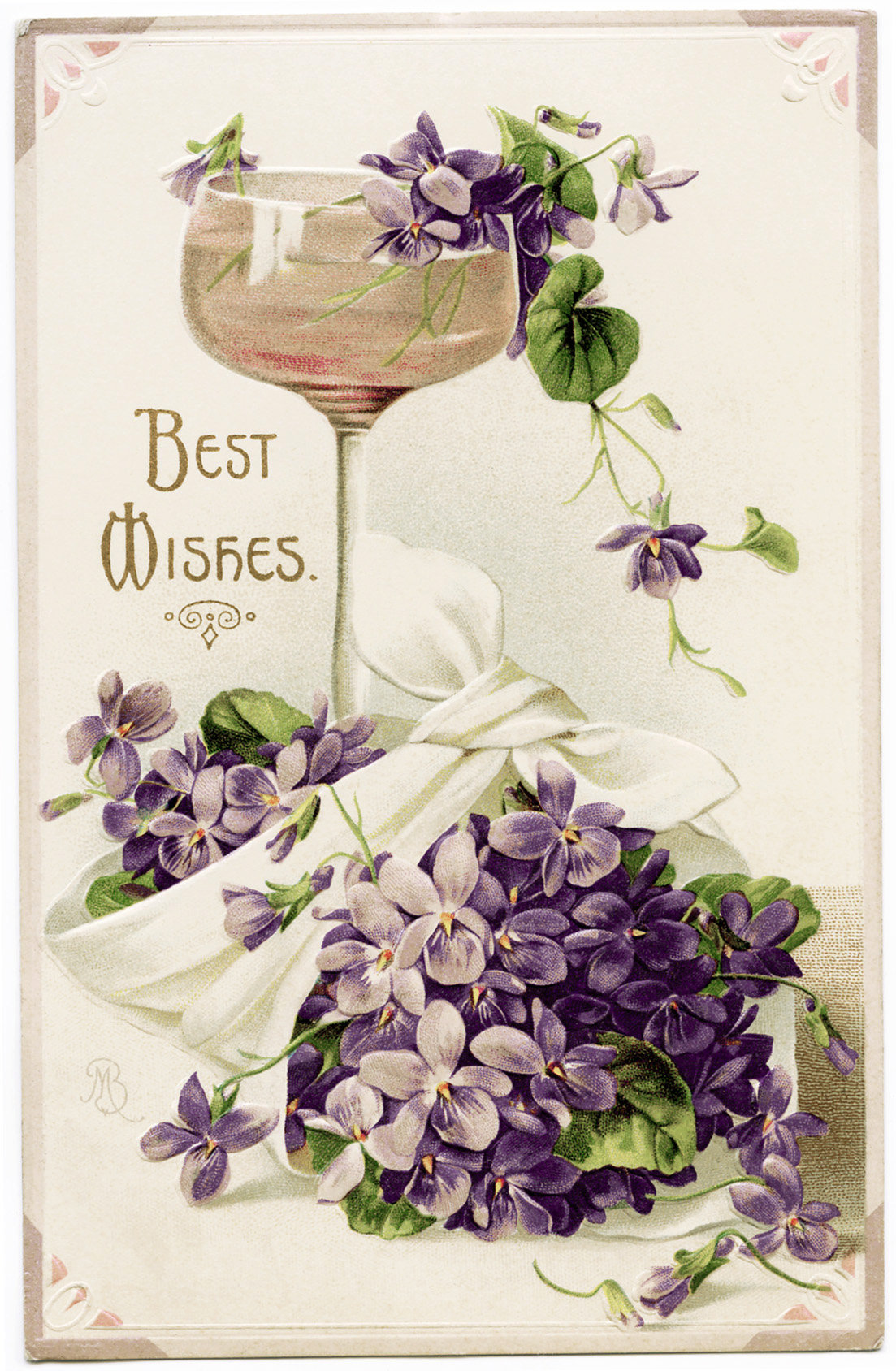 free public domain postcard, vintage violets image, best wishes postcard, wine glass illustration, purple flowers