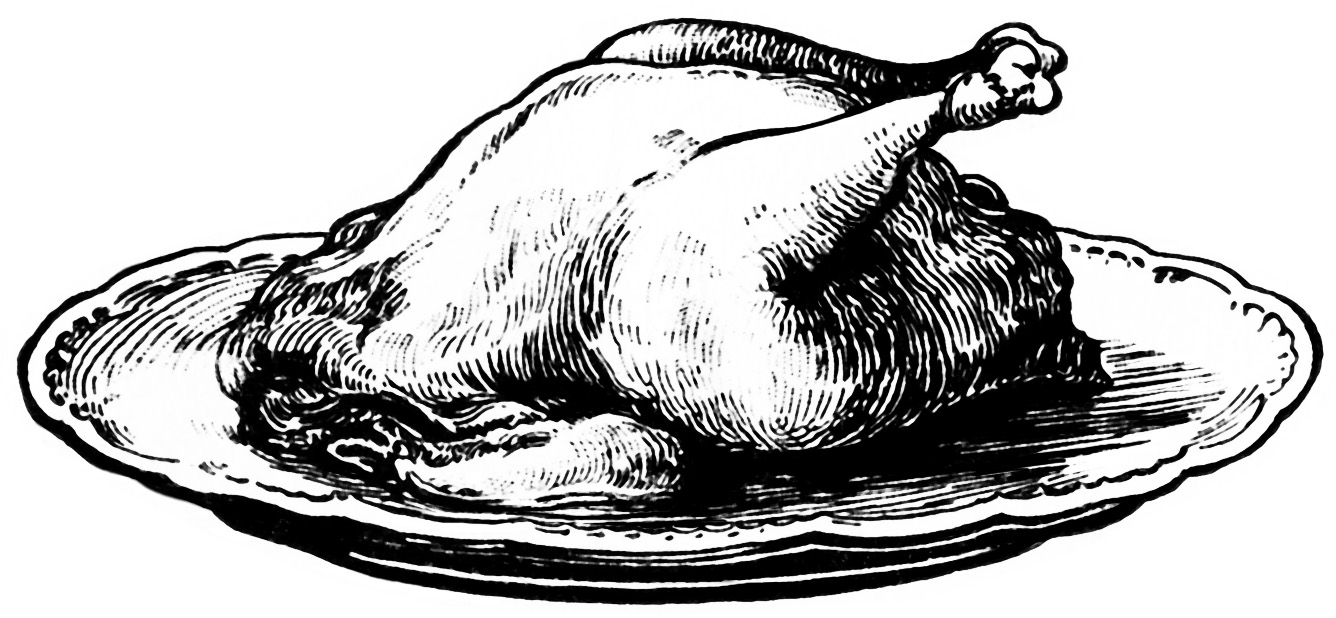free vintage image, cooked turkey on platter, cooked chicken on plate, traditional holiday meal clipart, roast turkey illustration, free vintage clipart turkey, black and white clipart food, holiday meal clipart, cooked chicken graphic